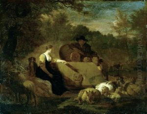 Hirt und Hirtin mit ihrer Herde am Brunnen by Adriaen Van De Velde