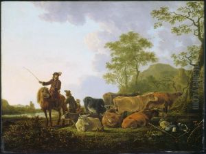 Cavalier et patre avec troupeau pres d'une riviere