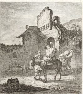 Ruined Castle with a Man on a Donkey before a Gate by Th. Le Grand