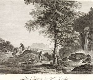 Mountainous landscape with a waterfall and travelers by Bretin