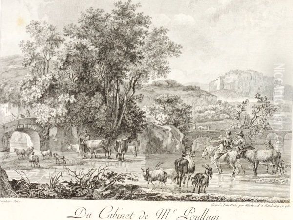 Southern landscape with shepherds and cattle by a river - view 1