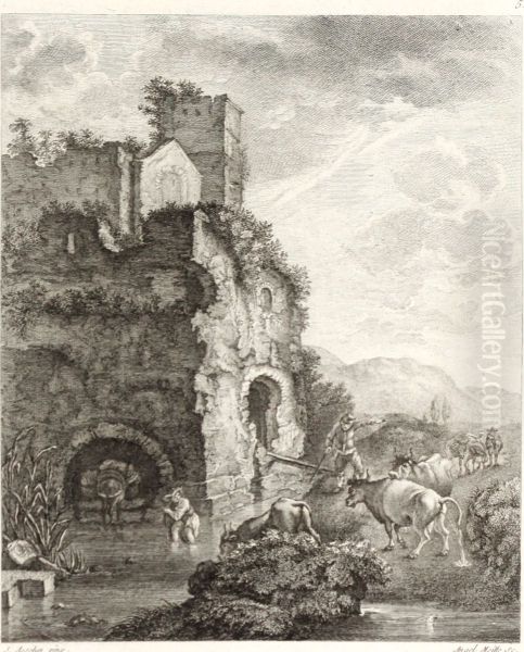 Herders bij een doorwaadbare plaats met ruine - view 1