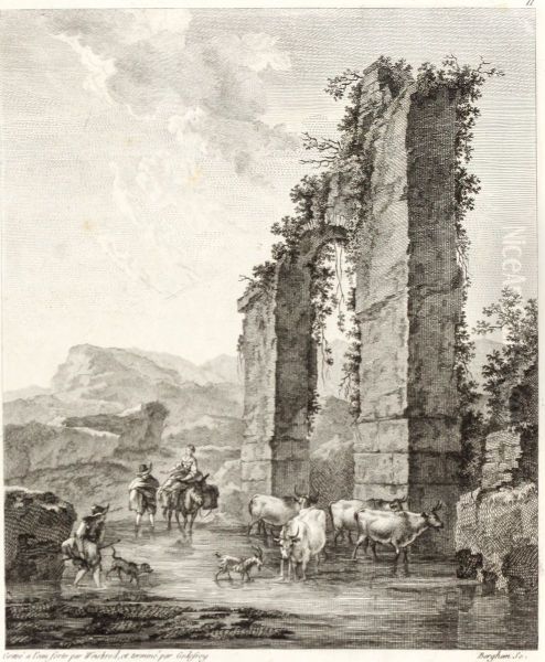 Zuidelijk landschap met herders en vee bij een ruine - view 1