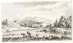 Three Fishermen in a Mountainous River Landscape Three Fishermen in a Mountainous River Landscape