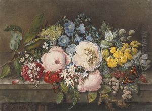 A Still Life Of Summer Flowers, Butterflies And A Bumble Bee On A Stone Ledge by Harriet Cheney