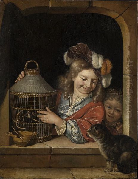 Two children with a cat and birdcage in a window - view 1