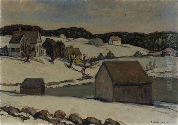 Winter Landscape With Houses And Barn Beside A Lake - view 1