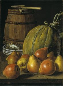 Bodegon con peras melones platos y barril