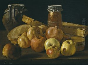 Bodegon con granadas y manzanas, cajas de dulces y otros recipientes.