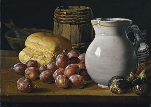Bodegon con ciruelas, brevas, pan, barrilete, jarra y otros recipientes