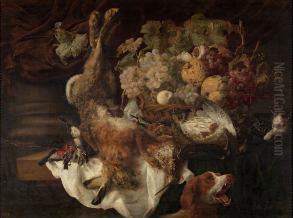 Stilleven met haas, gevogelte en vruchten; rechts een hond en een kat - view 1