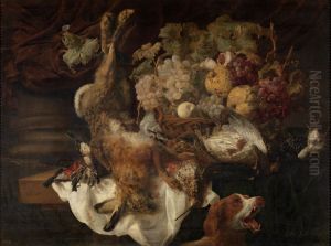 Stilleven met haas, gevogelte en vruchten; rechts een hond en een kat by Carstian Luyckx