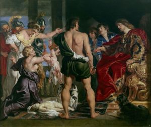 Solomon gives verdict; he commands a soldier to divide the living child in two; the true mother objects to Solomon's verdict (1 Kings 3:25-27)