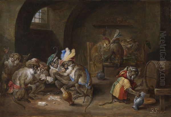 Monkeys playing cards, drinking and smoking in an interior - view 1