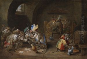 Monkeys playing cards, drinking and smoking in an interior by David Teniers the Younger