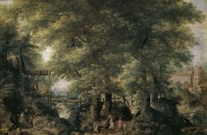 Wooded landscape with a lake on the left and a stream on the right by Pieter Stevens