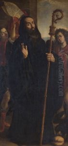 San Benito Abad con dos angeles by Juan Rizi