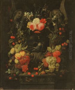 Garland of flowers and fruits with the Pieta by Cornelis van Huynen