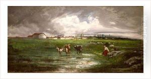 Vaches Et Paysanne by Fleury Chenu