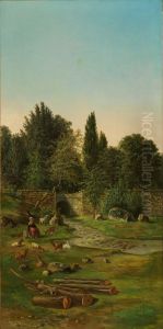 Paisaje con pastora de cabras junto a un rio by Ceferino Araujo