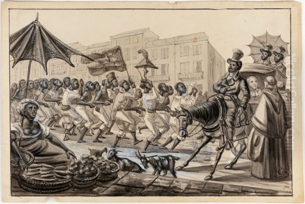 Scene de la Rua Direita. Negres porteurs de caffe allant toucher le payement de leur journee Negresses vendant des bananes e des oranges - Ecclesiastique en cabriolet s'entretenant avec deux freres de St. Antoine - view 1