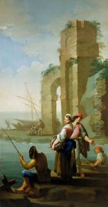 Pescadores y una mujer con una cesta de peces by Zacarias Gonzalez Velazquez