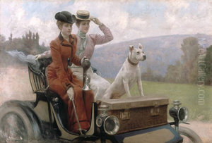 Les dames Goldsmith au bois de Boulogne en 1897 sur une voiturette Peugeot
