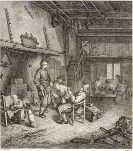 Interior with four peasants smoking and drinking by Louis Michel Halbou