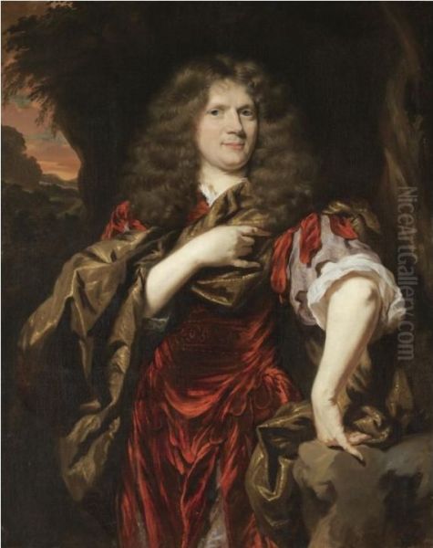 Portrait ofLaurence Hyde, 1st Earl of Rochester(1642-1711), three-quarter length, wearing a red tunic and standing in a landscap - view 1
