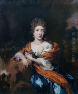 Porrait of a woman in a blue dress with an orange stola sitting next to a well