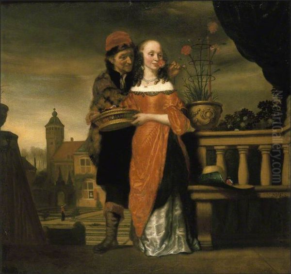 Man holding a carnation to a woman's nose: an allegory of the sense of smell - view 1