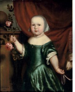 Portrait of a girl, three-quarter-length, in a green dress, holding a rose by Nicolaes Maes