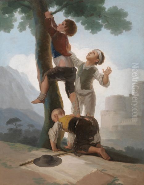 Boys climbing a tree - view 1