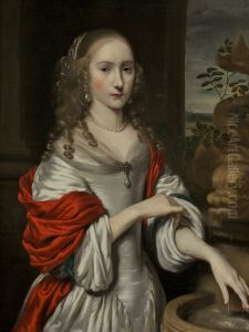 Portrait of a Young Girl Standing near a Fountain
