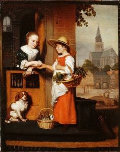 A young woman selling vegetables at the door by Nicolaes Maes