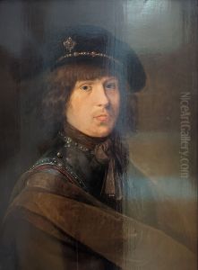 Portrait de l'artiste en cuirasse et coiffe d'un beret a plume