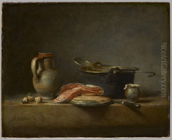 Marmite de cuivre, ecumoire, cruche et tranche de saumon - view 1