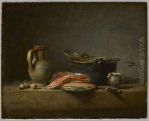 Marmite de cuivre, ecumoire, cruche et tranche de saumon by Jean-Baptiste-Simeon Chardin