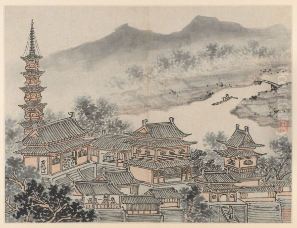 The Thousand Buddha Hall and the Pagoda of the "Cloudy Cliff" Monastery, from Twelve Views of Tiger Hill, Suzhou - view 1