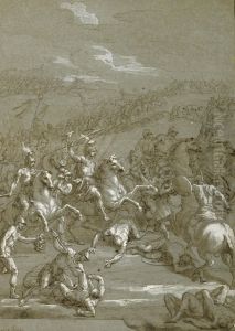 A Battle Scene: Roman Cavalry Attacking In An Open Landscape by Louis Cheron