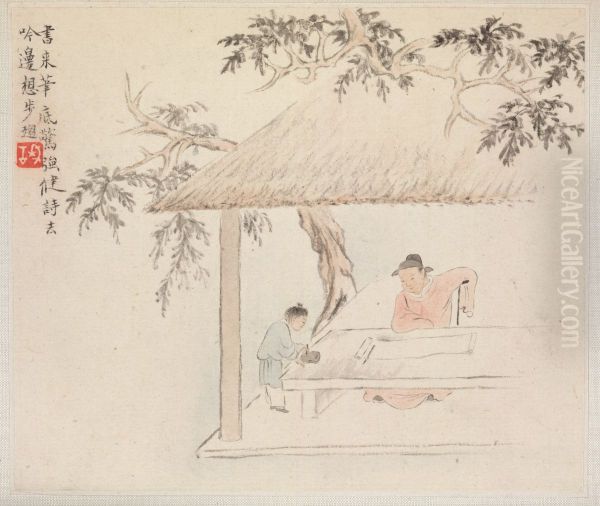A Scholar at a Table with a Servant aside Preparing the Ink - view 1