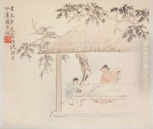 A Scholar at a Table with a Servant aside Preparing the Ink by Hua Yan
