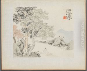 Three Big Trees, a Stream with an Old Man Sitting on the Bank by Hua Yan