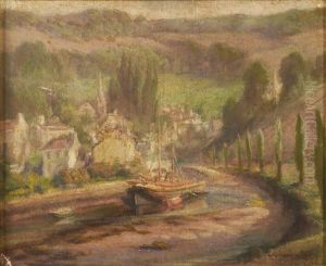 Landscape With River And Boat. by Emma Richardson Cherry