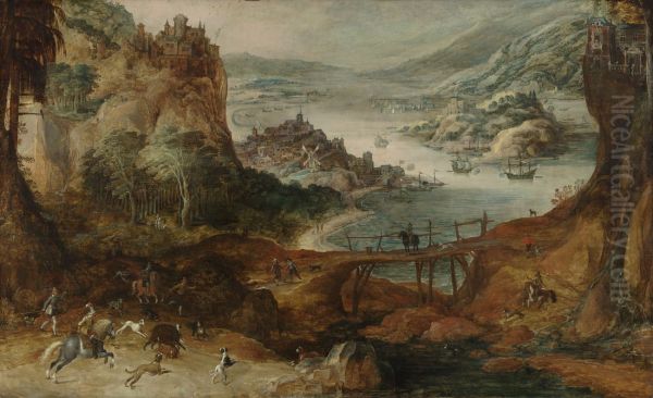 Wide river landscape with a boar hunt - view 1