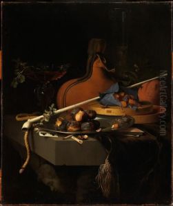 Stilleben mit Kastanien auf einem Teller, einer Tonpfeife und Rauchzubehor by Jacob van Walscapelle