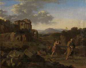 Italianate mountain landscape with Abraham and Isaac on their way to the place of sacrifice by Cornelius van Poelenburgh