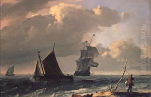 Ships off the coast, in the foreground a man on the shore by Ludolf Bakhuizen