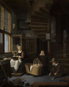 Nahende Mutter mit zwei Knaben an der Wiege by Adriaen van Gaesbeeck