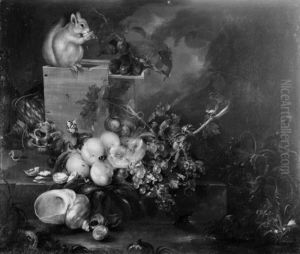 Fruit still life with a shell and a squirrel by Catharina Treu